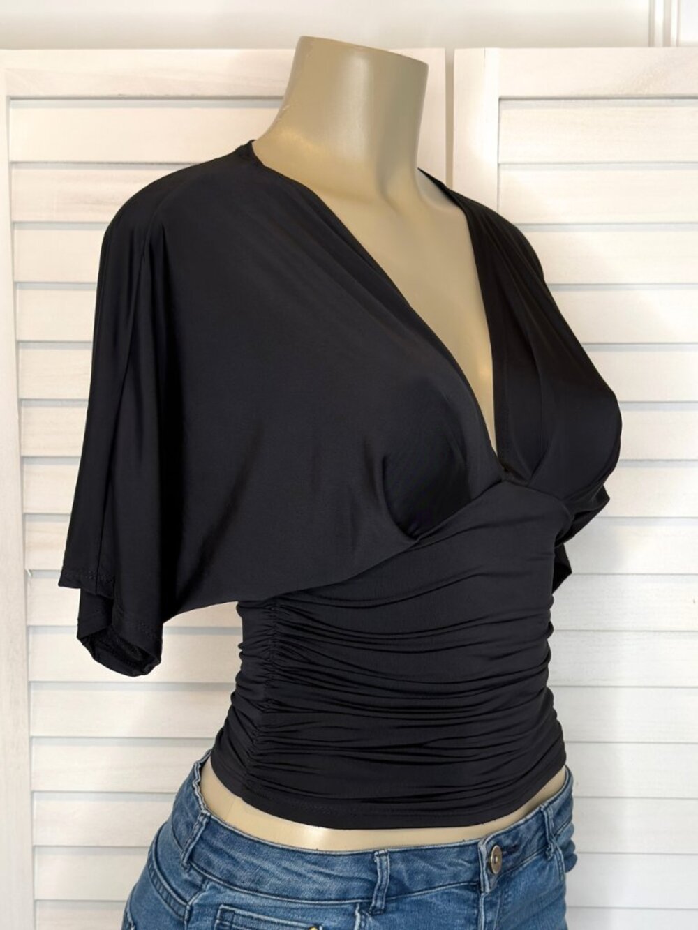 Black Plunge V Neck Batwing Ruched Top